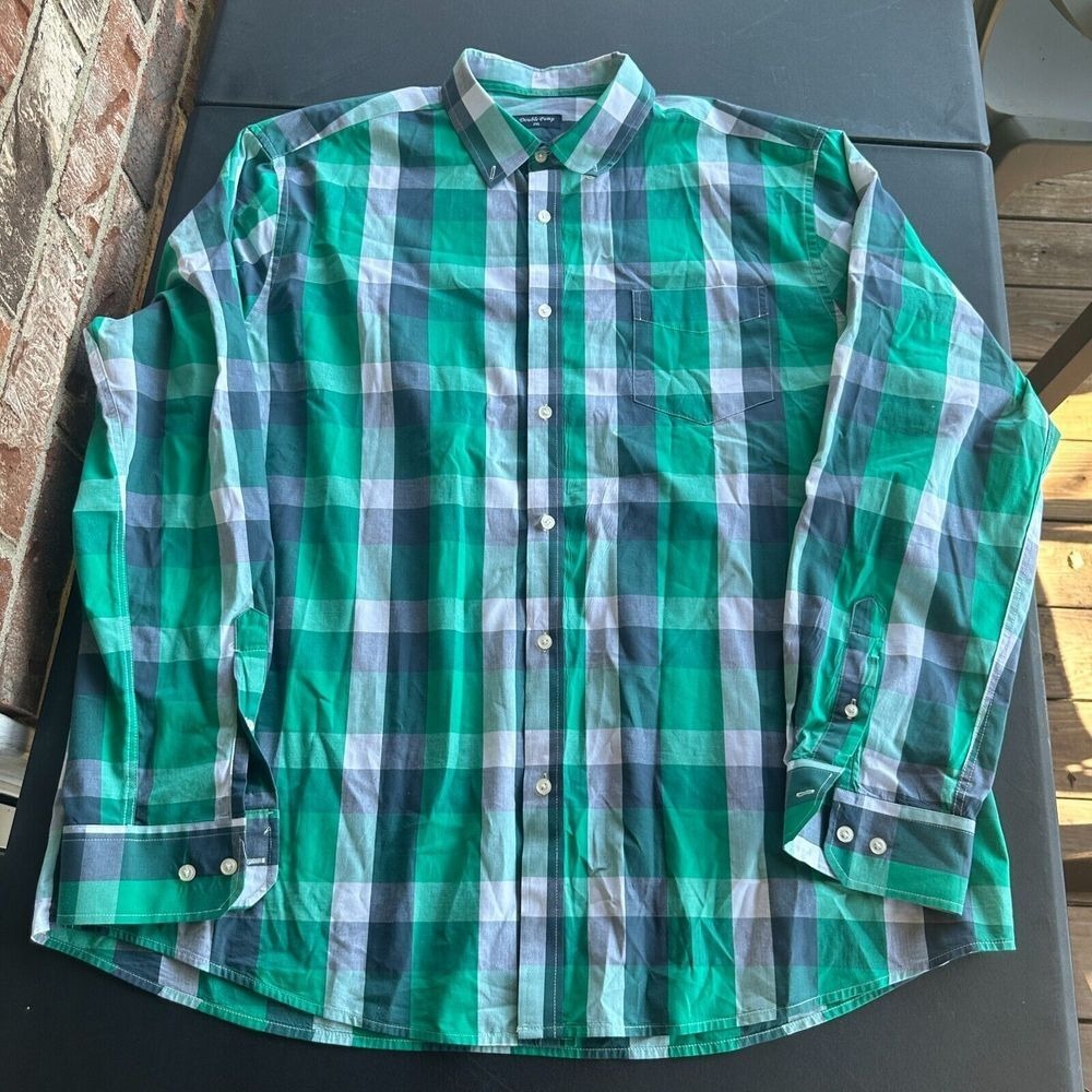 Double Pump Shirt Mens 2XL Casual Button Down Green Plaid‎ Navy Long Sleeve